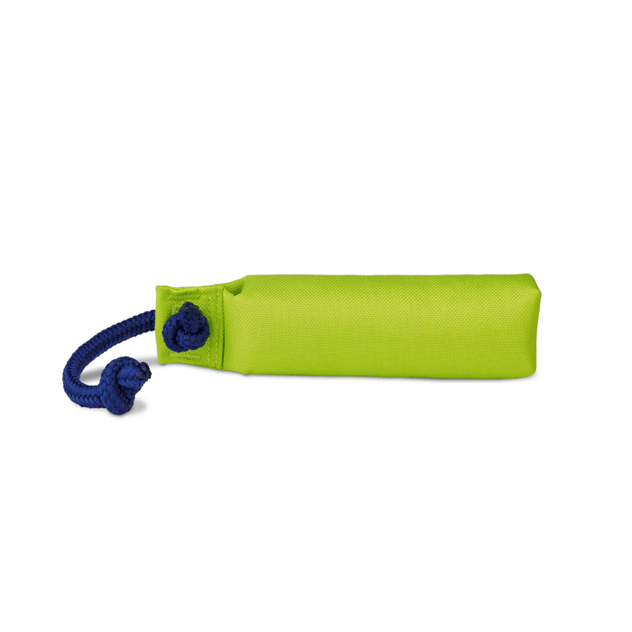 White background with a lime green Coachi Training Dummy dog toy with a blue handle.