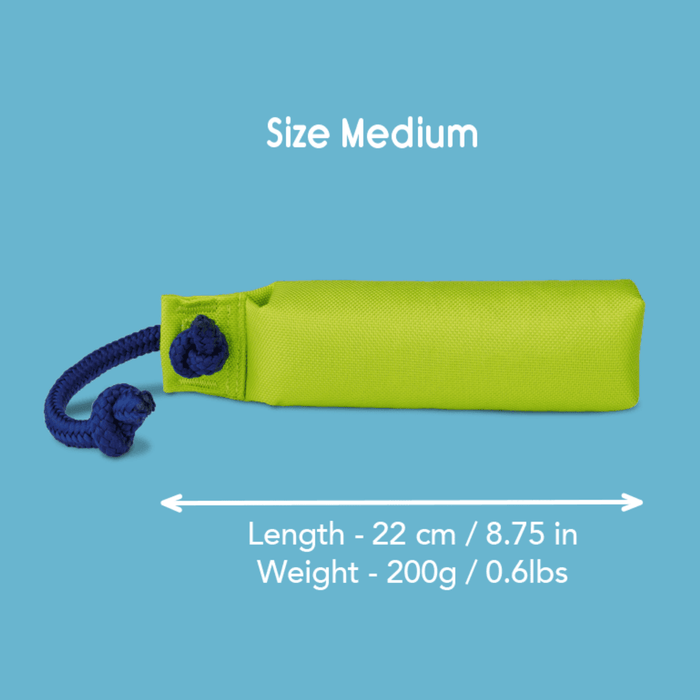 Blue background with a Medium Lime green Coachi Training Dummy dog toy with a blue handle, with measurements below indicating length of 22cm.