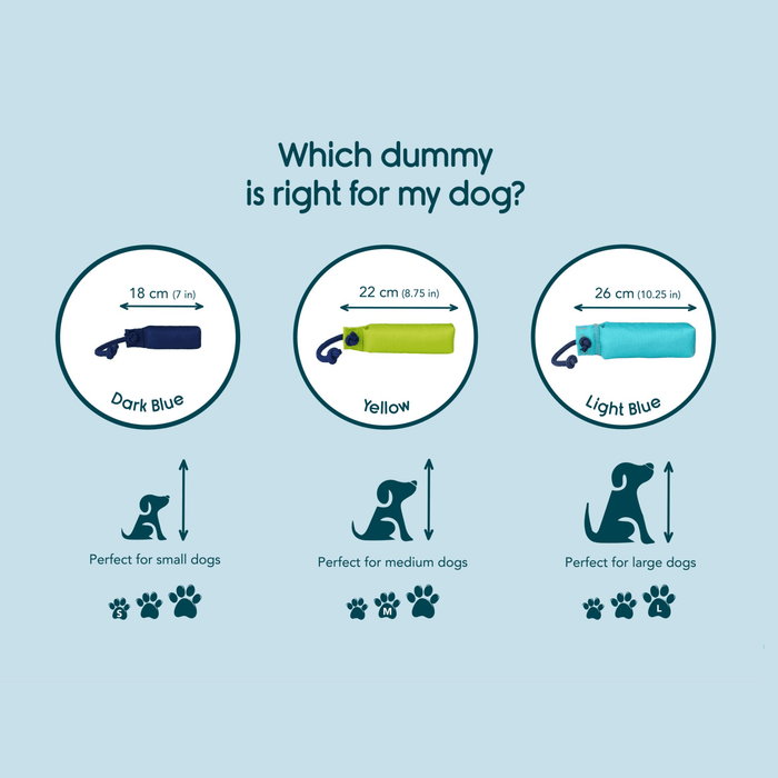 Pale blue background with three Coachi Training Dummy dog toys, with measurements below for each and what size dog they are suitable for.