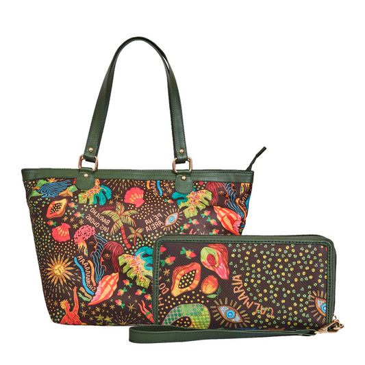 Green Colour Tote Shoulder Bag With Wristlet Wallet Combo for Travel & Work