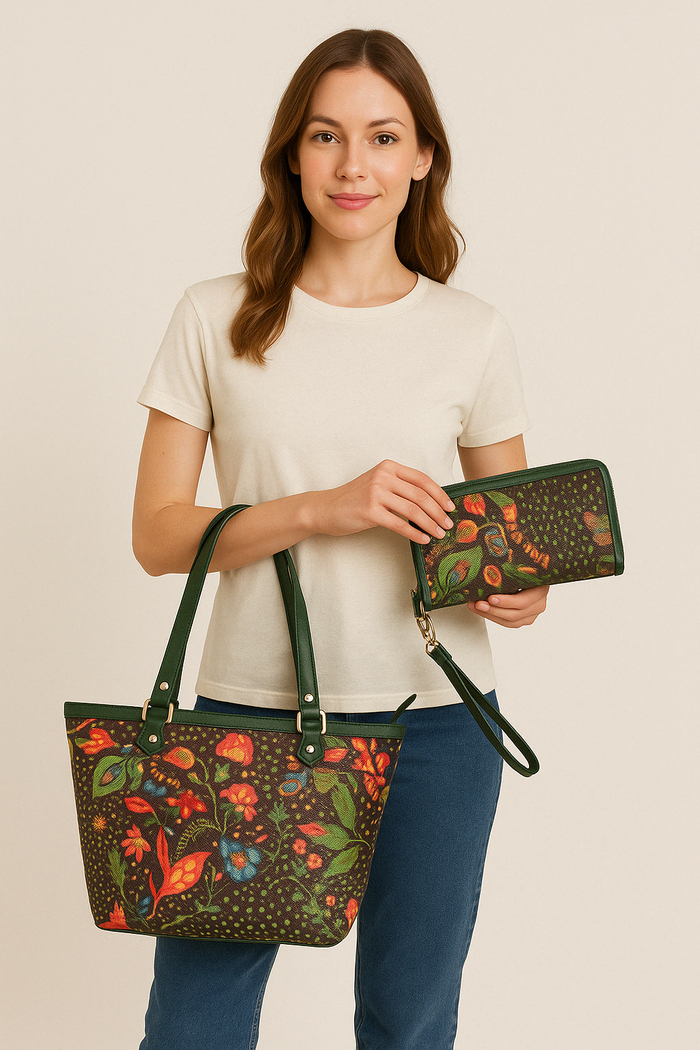 Green Colour Tote Shoulder Bag With Wristlet Wallet Combo for Travel & Work