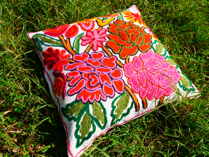 Colorful Kashmiri Crewel Pillow Cover: Handcrafted by Artisans  16x16 inches Flower Embroidery Pillow