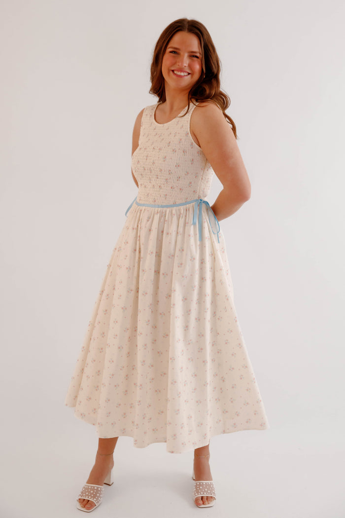 Vintage Floral Smocked Midi Dress with Blue Waist Tie – Cottagecore Spring Dress- Creamon Floral Midi Dress