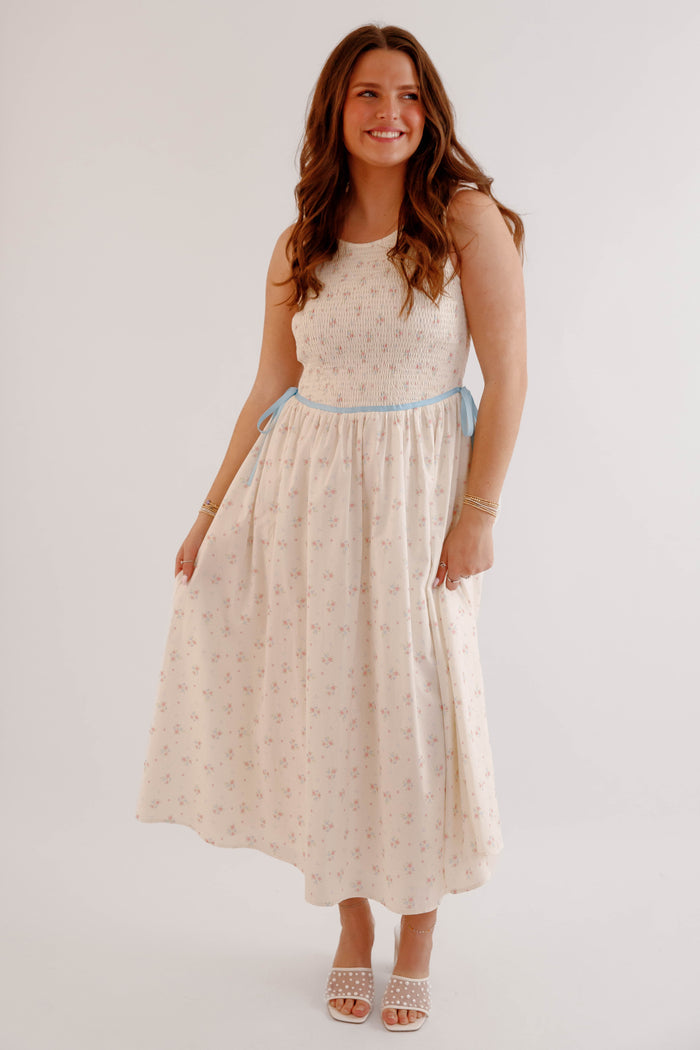 Vintage Floral Smocked Midi Dress with Blue Waist Tie – Cottagecore Spring Dress- Creamon Floral Midi Dress