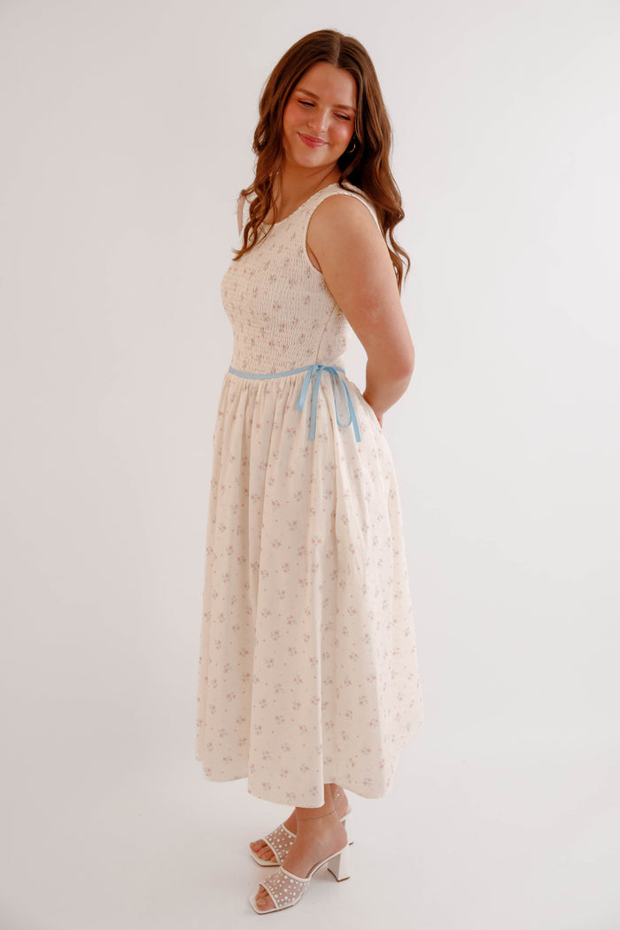 Vintage Floral Smocked Midi Dress with Blue Waist Tie – Cottagecore Spring Dress- Creamon Floral Midi Dress