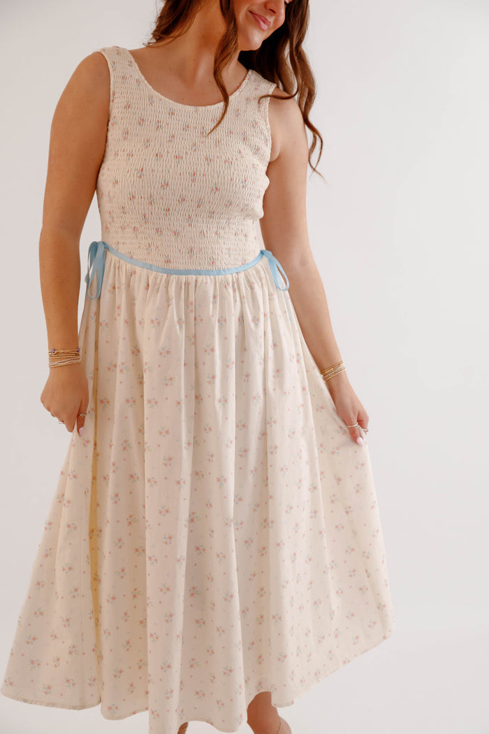 Vintage Floral Smocked Midi Dress with Blue Waist Tie – Cottagecore Spring Dress- Creamon Floral Midi Dress