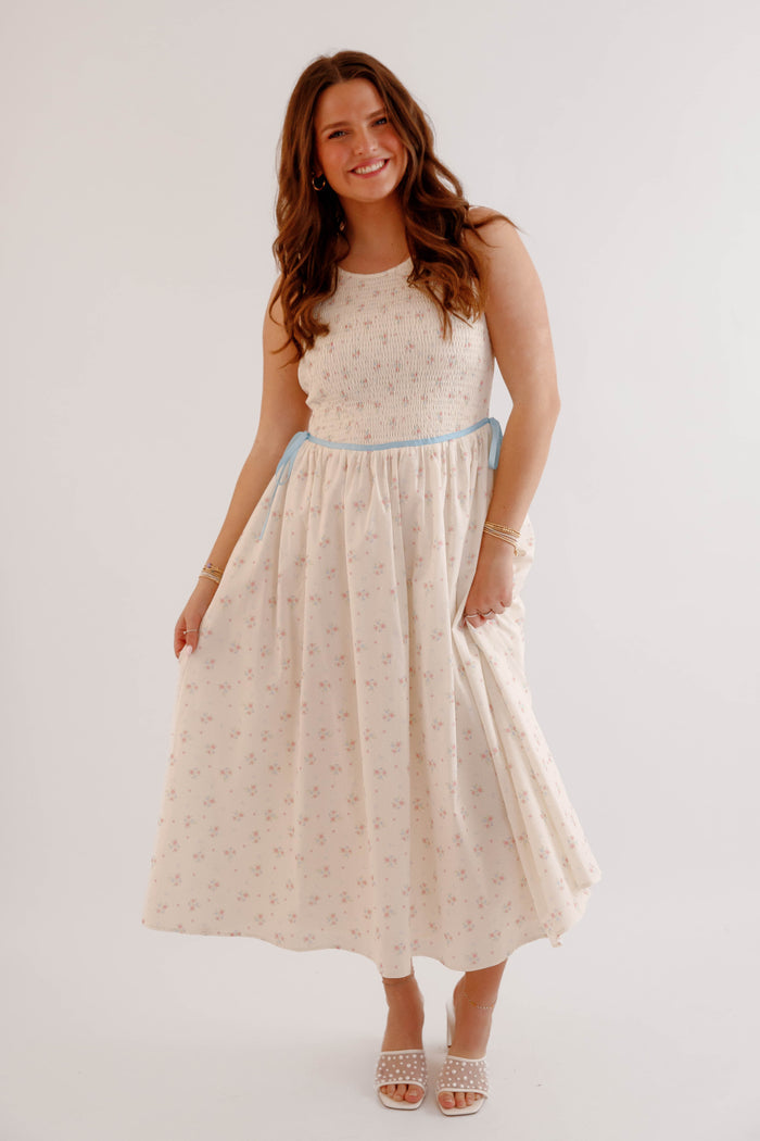 Vintage Floral Smocked Midi Dress with Blue Waist Tie – Cottagecore Spring Dress- Creamon Floral Midi Dress