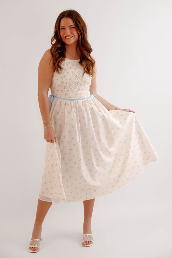 Vintage Floral Smocked Midi Dress with Blue Waist Tie – Cottagecore Spring Dress- Creamon Floral Midi Dress