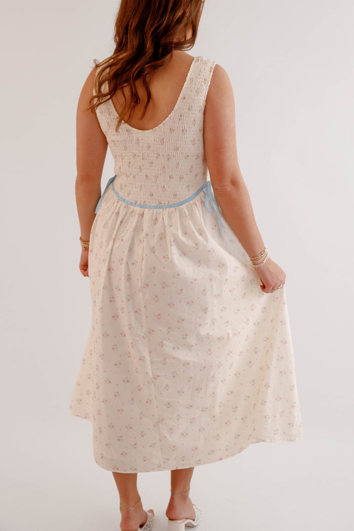 Vintage Floral Smocked Midi Dress with Blue Waist Tie – Cottagecore Spring Dress- Creamon Floral Midi Dress