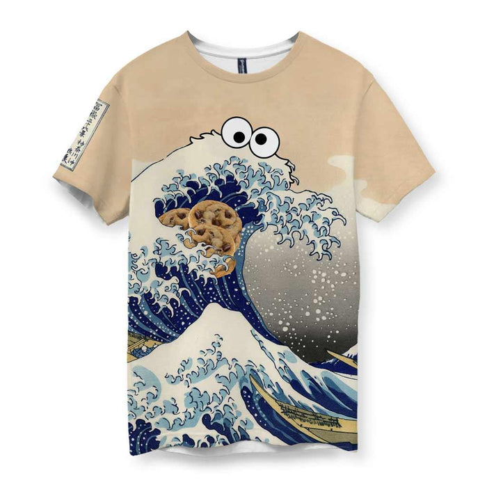A sandy parchment beige backdrop hosts a humorous parody of a legendary Japanese woodblock seascape. Contact us with accessibility feedback, we'd love to help!