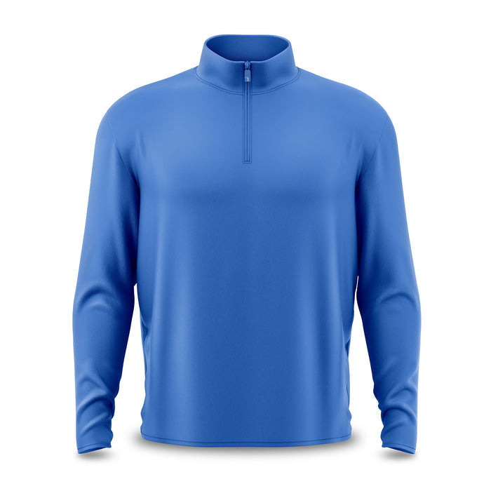 The Cooler Blue - Q-Zip is a blue long-sleeve pullover with a high collar, quarter-zip closure, and athletic fit. The smooth, fitted material has no visible logos or patterns and appears on a plain white background.