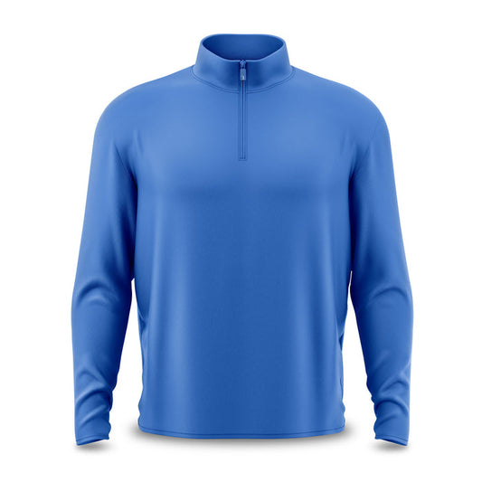 The Cooler Blue - Q-Zip is a blue long-sleeve pullover with a high collar, quarter-zip closure, and athletic fit. The smooth, fitted material has no visible logos or patterns and appears on a plain white background.