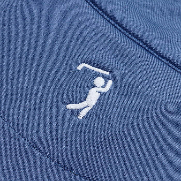The Cooler Blue - Q-Zip features a white embroidered logo of a simplified golf figure swinging a club on blue, smooth, slightly stretchy fabric with athletic fit and moisture-wicking performance.
