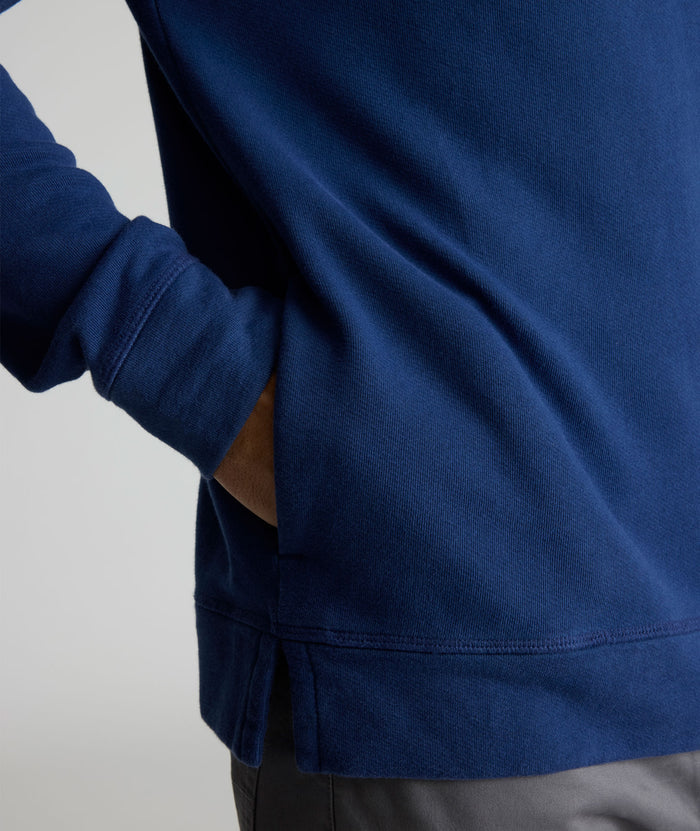 Model is wearing UNTUCKit Elwood Indigo Hoodie.