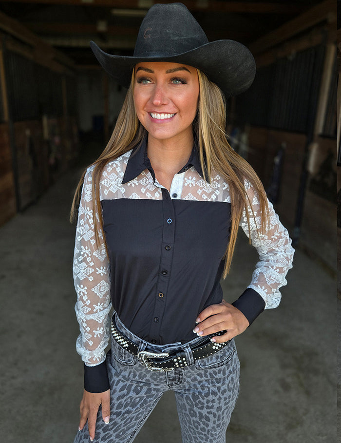 Cowgirl Tuff Black Breathe with Cream Lace Pullover Shirt