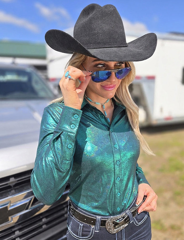 Cowgirl Tuff Emerald Mist Holographic Pullover Shirt