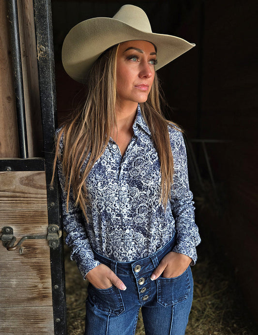 Cowgirl Tuff Navy & White Floral Pullover Shirt