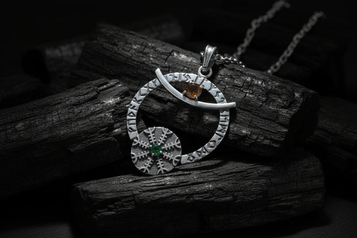 vkngjewelry Pendant Silver Crescent Amulet with Aegishjalmur