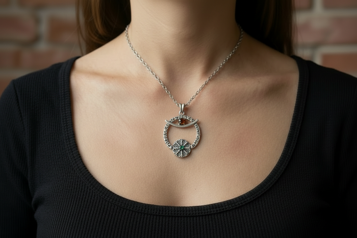 vkngjewelry Pendant Crescent Amulet Silver Pendant with Aegishjalmur