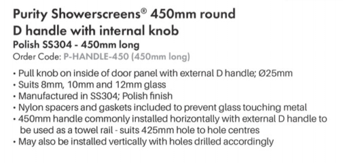 D shower door handle stainless steel, D HANDLE 450mm long, towel rail shower - Image 4
