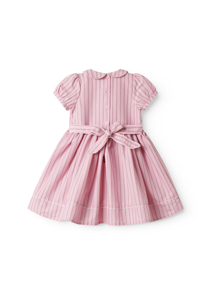 Short bright red dress with stripes for children, with a collar and picot edges, ribbon at the waist, and back zipper closure.