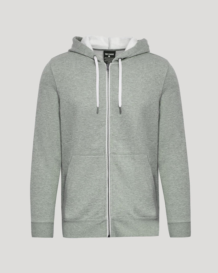 A light gray heather zip-up hoodie with a white interior hood lining and white drawstrings, shown against a solid light gray background.