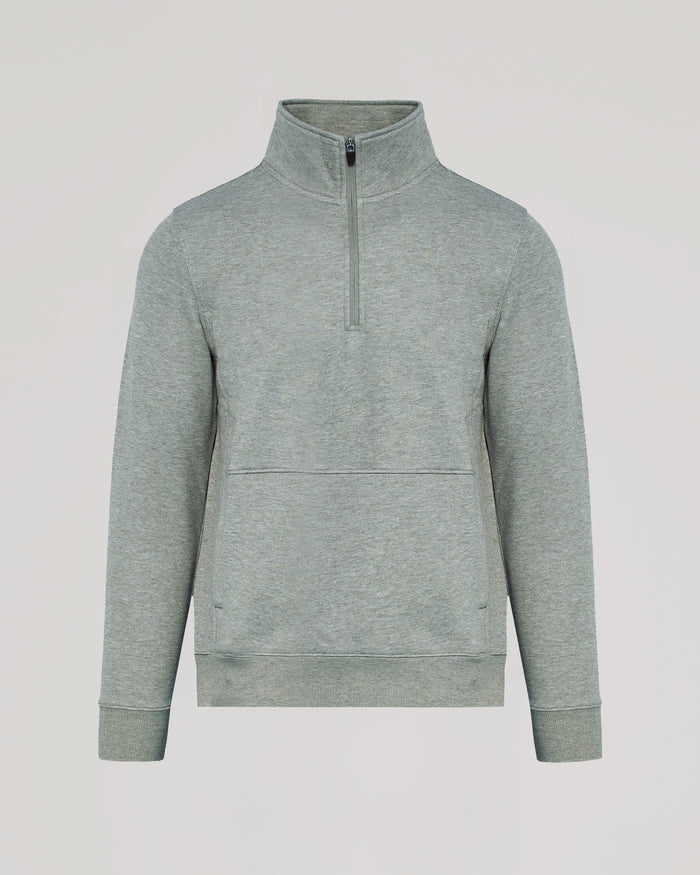 Dark Heather Gray Half Zip Fleece Sweatshirt with stand-up collar and kangaroo pocket.