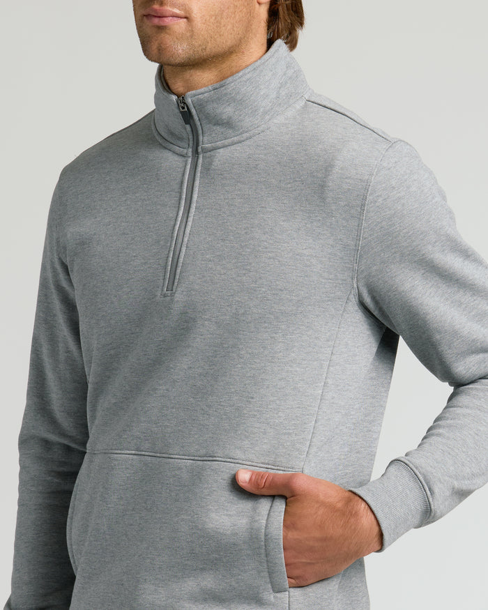 Dark Heather Gray Half Zip Fleece Sweatshirt with kangaroo pocket.