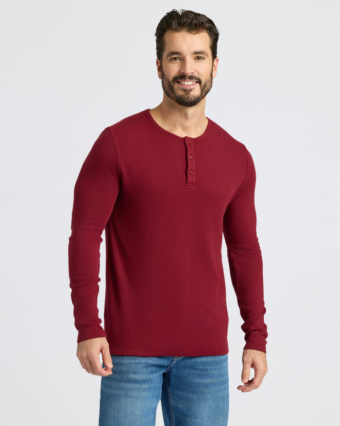 Male model wearing Dark Maroon Waffle Long Sleeve Henley.