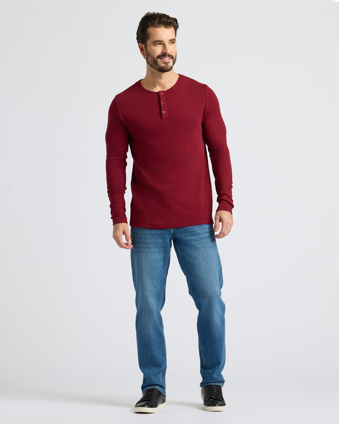 Dark Maroon Waffle Long Sleeve Henley 3-Pack worn by bearded man.