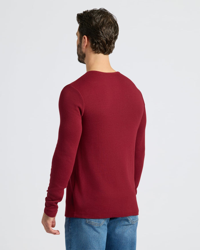 Dark Maroon Waffle Long Sleeve Henley 3-Pack, shown from back, textured knit.