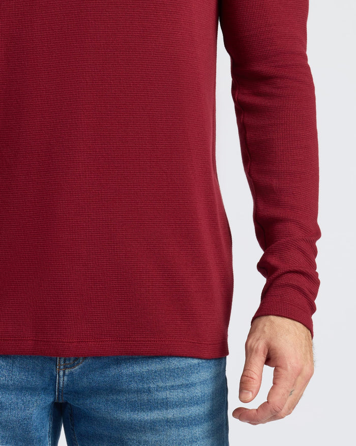 Dark Maroon Waffle Long Sleeve Henley showcasing textured knit and button placket.