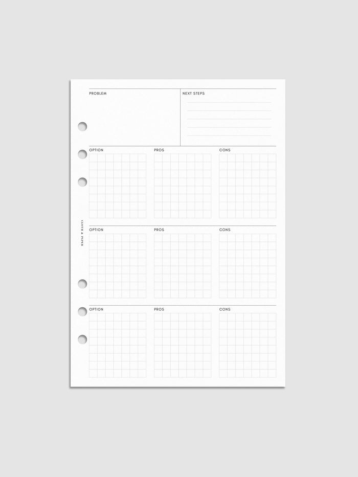 A5 decision-making insert with structured sections for problem, next steps, and gridded boxes labeled option, pros, and cons. Minimal white design with grey lines and six-ring punches on the side.