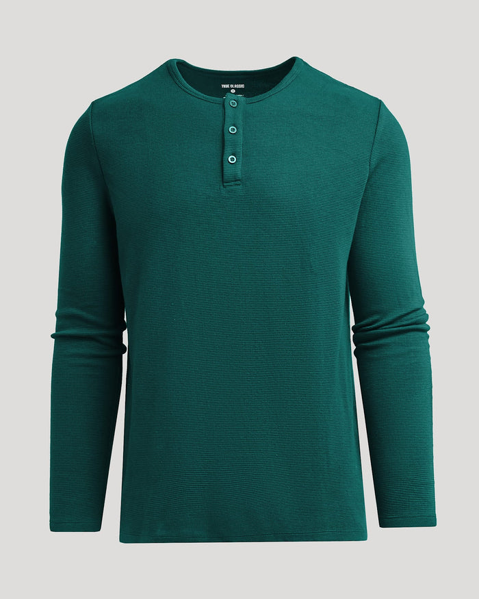 Deep Emerald Waffle Long Sleeve Henley with textured weave and button placket.