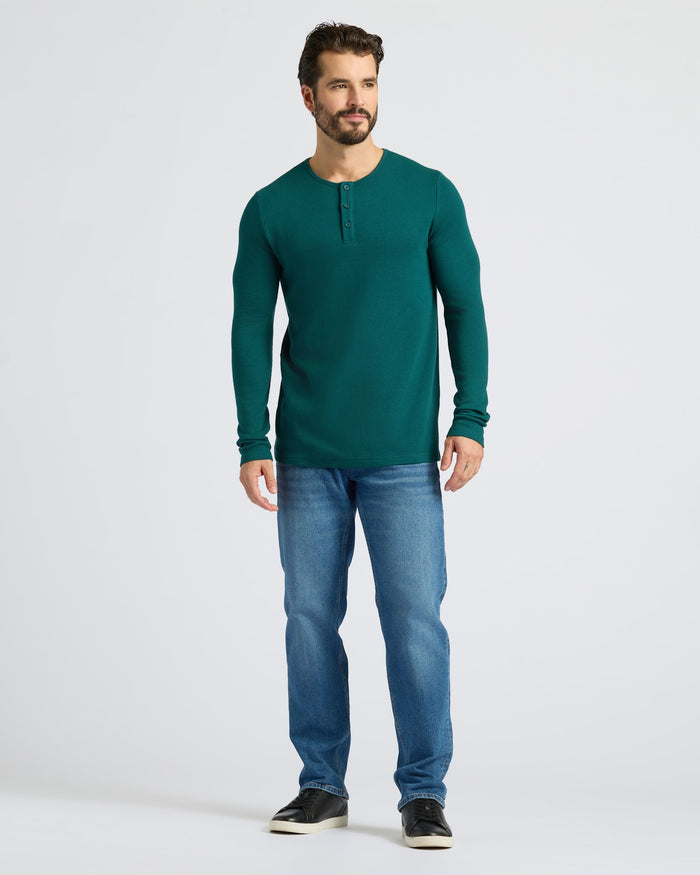 Deep Emerald Waffle Long Sleeve Henley worn by model in jeans.
