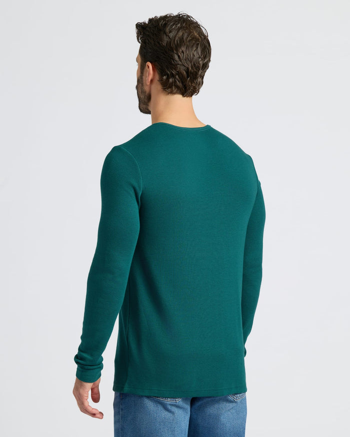 Back view of Deep Emerald Waffle Long Sleeve Henley.