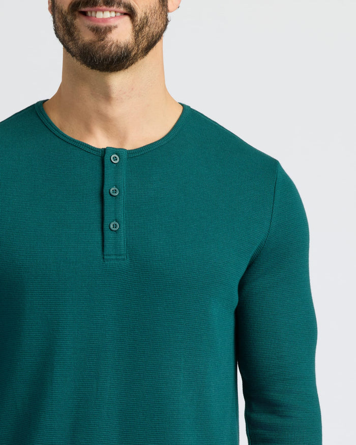 Deep Emerald Waffle Long Sleeve Henley 3-Pack on a man's torso.