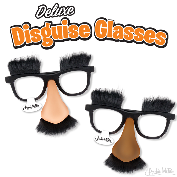 Two pairs of Deluxe Disguise Glasses featuring black frames, bushy eyebrows, large noses, and attached mustaches. These novelty items add humor to any gathering while their high-quality construction ensures durability for endless fun.