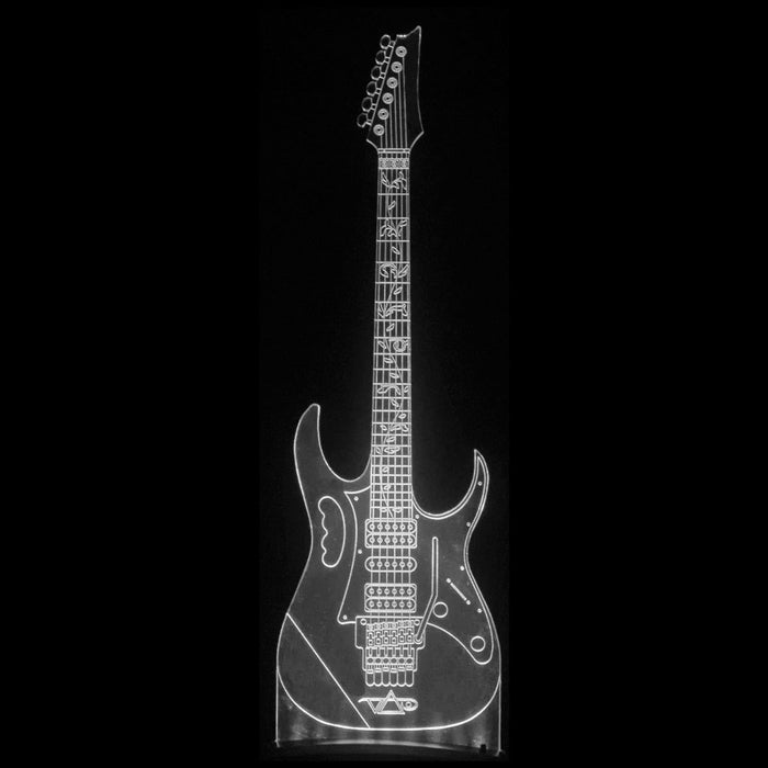 A white, illuminated outline of the Steve Vai Diodak White Ghost Guitar with detailed strings and fret markers on a solid black background—ideal for display on a Light-Up Stand.