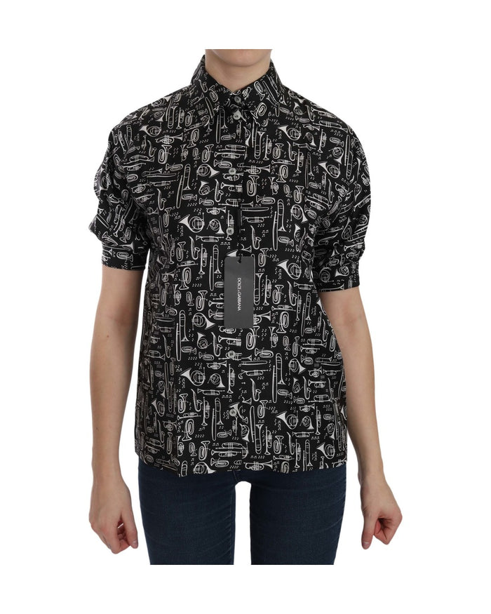 Dolce & Gabbana Black Musical Instrument Collared Blouse Shirt