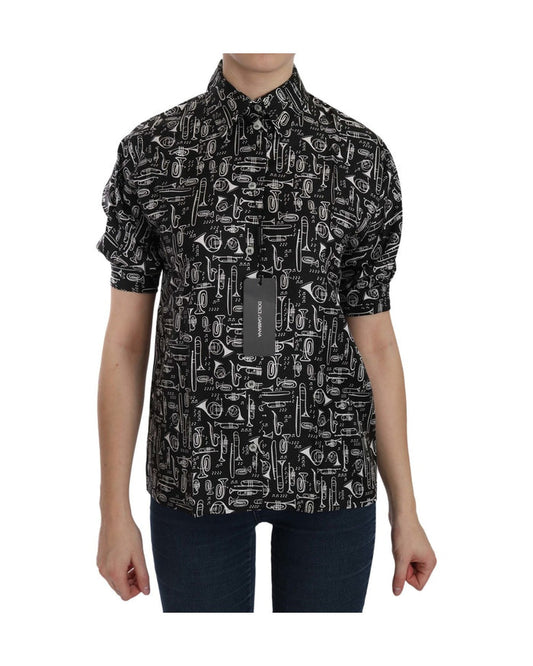 Dolce & Gabbana Black Musical Instrument Collared Blouse Shirt