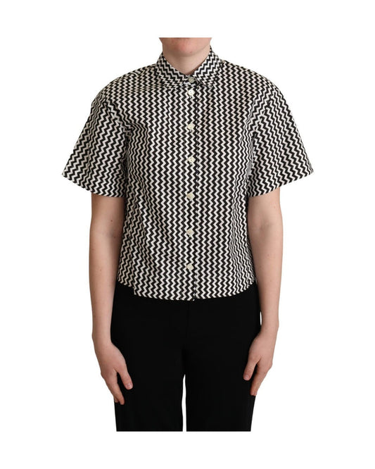 Dolce & Gabbana Black White Zigzag Collar Cotton Top Shirt