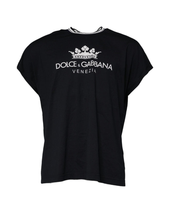 Dolce & Gabbana Dark Blue Logo Crown Cotton Crew Neck T-shirt