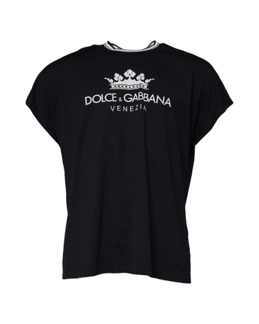 Dolce & Gabbana Dark Blue Logo Crown Cotton Crew Neck T-shirt