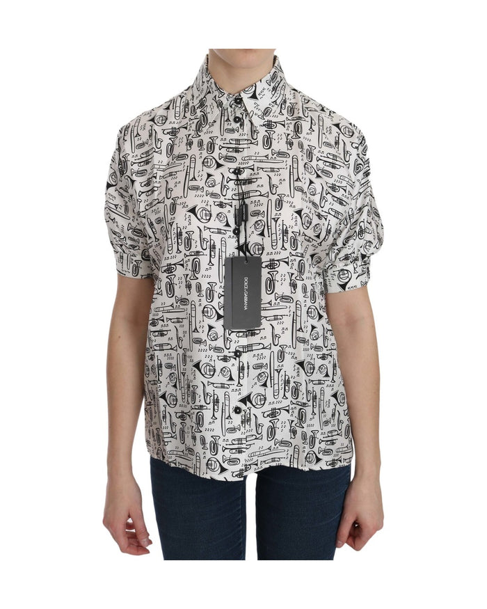 Dolce & Gabbana White Musical Instrument Collared Blouse  Shirt