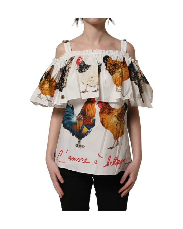 Dolce & Gabbana White Rooster Print Poplin Off The Shoulder Top