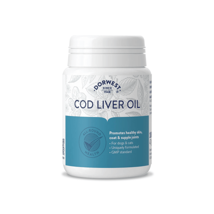 White background with a white and blue tub of Dorwest Cod Liver Oil tablets. On the pack is a blue banner with white text 'Promotes healthy skin, coat & supple joints, for dogs & cats, Uniquely formulated, GMP standard'.