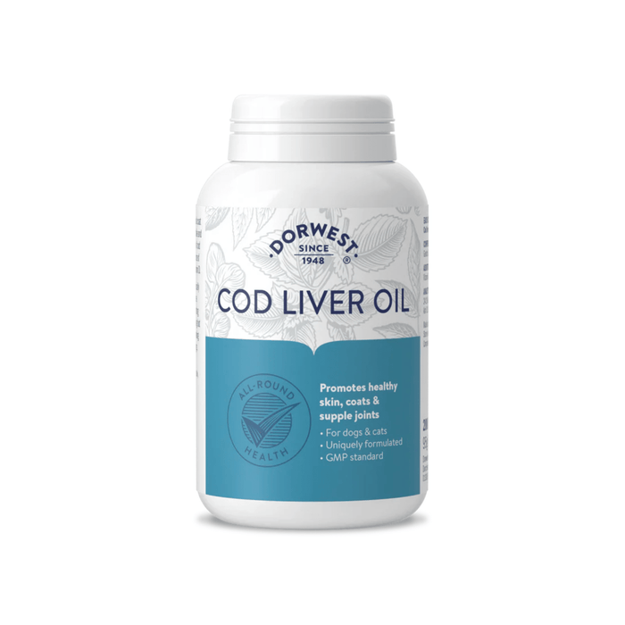 White background with a white and blue tub of Dorwest Cod Liver Oil tablets. On the pack is a blue banner with white text 'Promotes healthy skin, coat & supple joints, for dogs & cats, Uniquely formulated, GMP standard'.