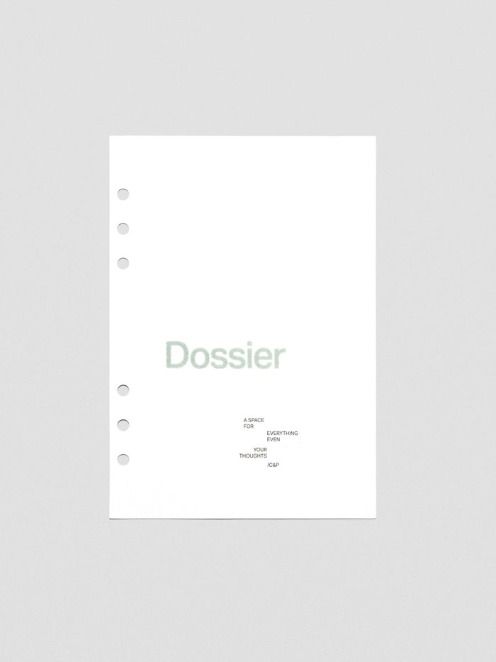 White cardstock planner dashboard with "Dossier" text in a green-blue flocked material with text below shown in A5 size.