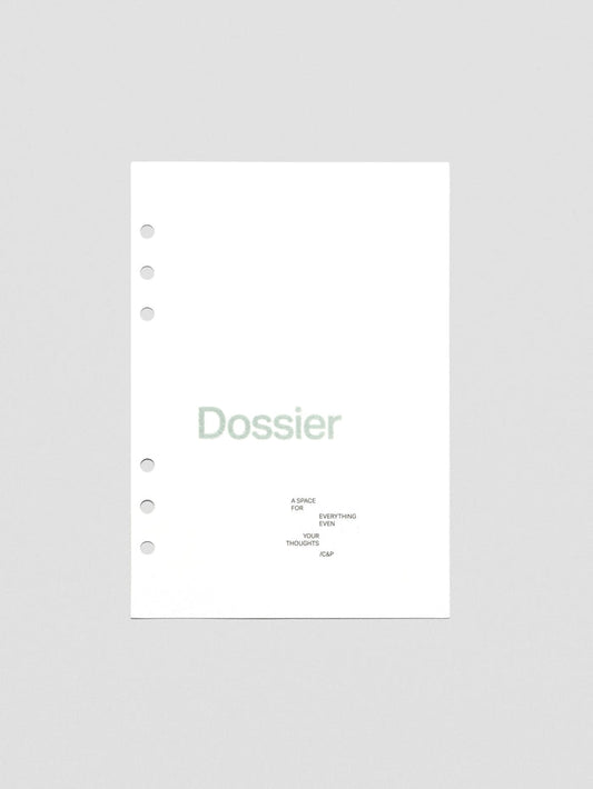 White cardstock planner dashboard with "Dossier" text in a green-blue flocked material with text below shown in A5 size.